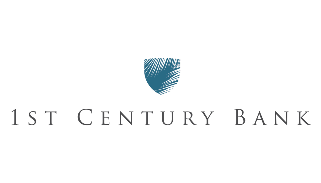 Logo of 1st Century Bank featuring a teal shield with white palm fronds and the bank name beneath it (text): '1st Century Bank'