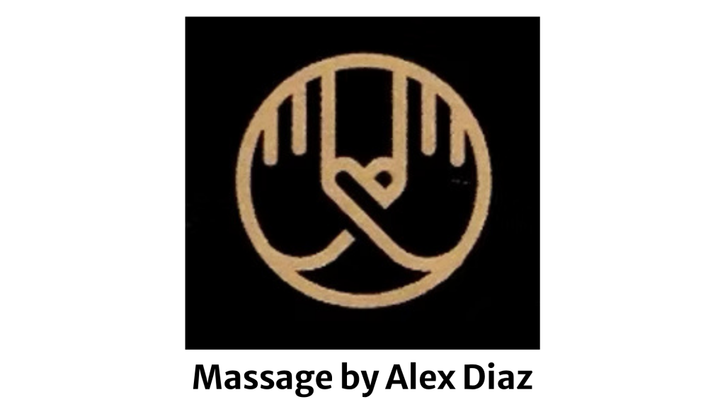 Logo for Massage by Alex Diaz: a gold circular emblem with stylized hands on a black background.
