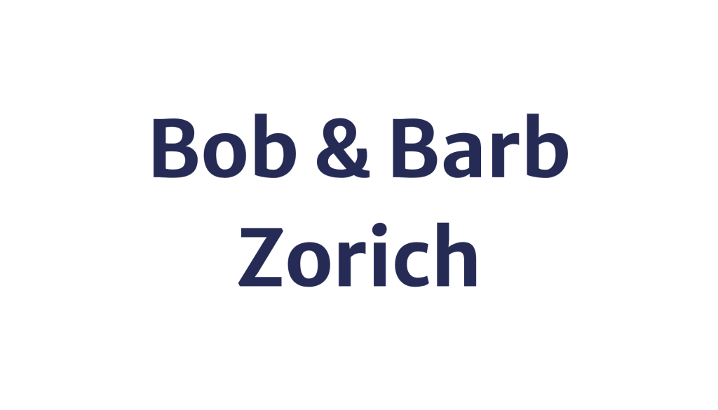Title card displaying the names 'Bob & Barb' and 'Zorich' in dark blue lettering on a white background.
