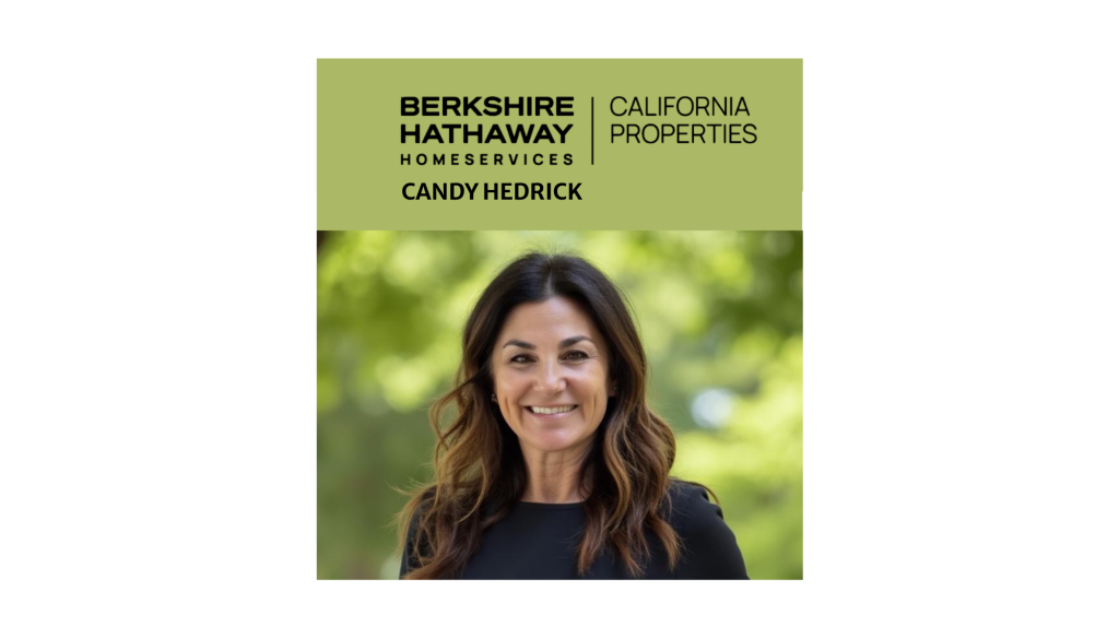 Berkshire Hathaway California Properties banner above the name Candy Hedrick; smiling woman outdoors.
