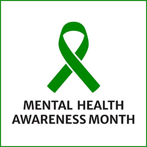Green awareness ribbon logo with the text "Mental Health Awareness Month" beneath.