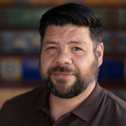 Head-and-shoulders portrait of a bearded man with dark hair wearing a brown shirt, smiling slightly, with a blurred bookshelves background.