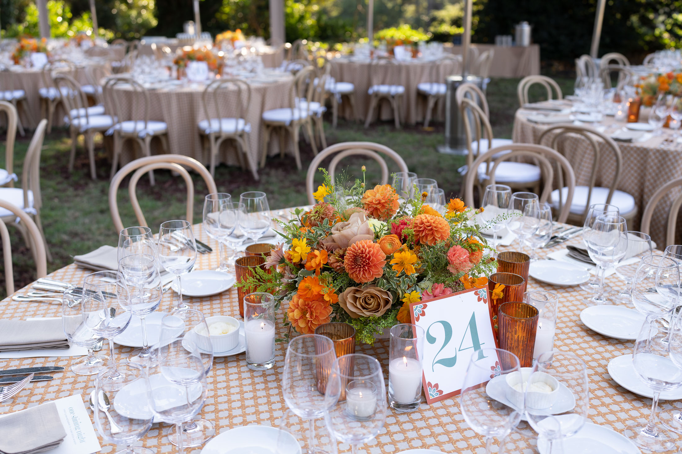 Outdoor wedding reception tables with orange floral centerpieces and place settings on gingham tablecloths