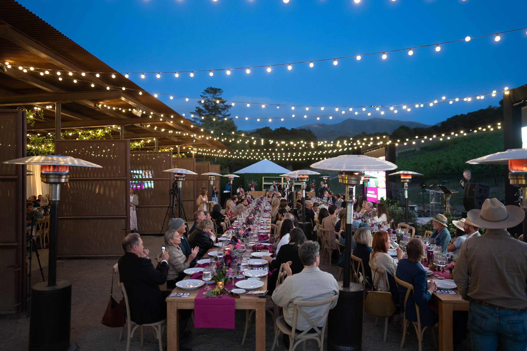 Outdoor evening banquet with long tables, string lights, and guests dining under a blue dusk sky.