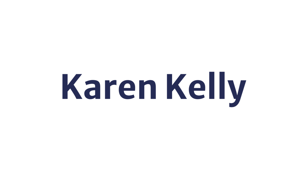 Text displaying the name 'Karen Kelly' in bold navy on a white background.